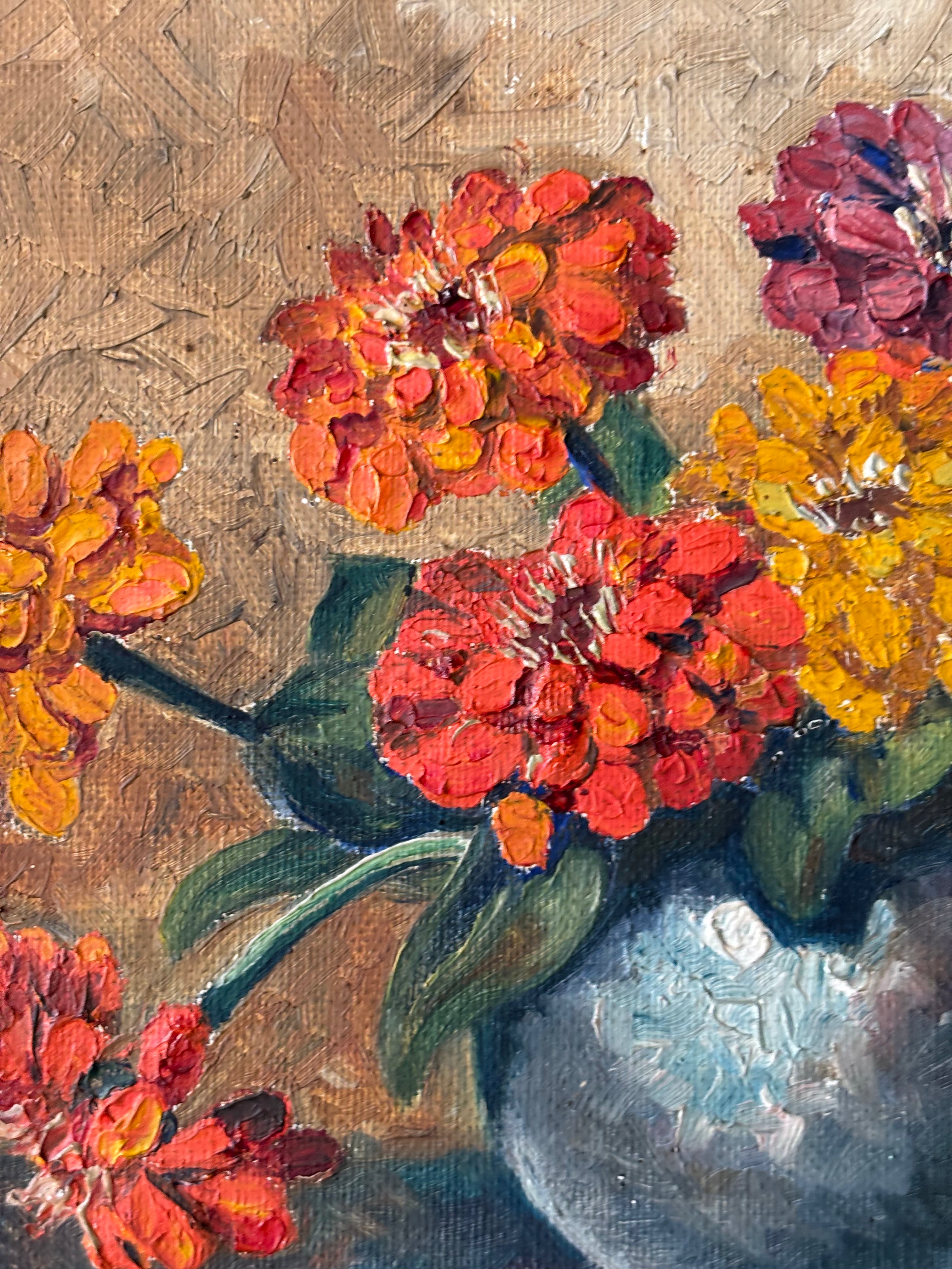 Zinnias in a Blue Vase