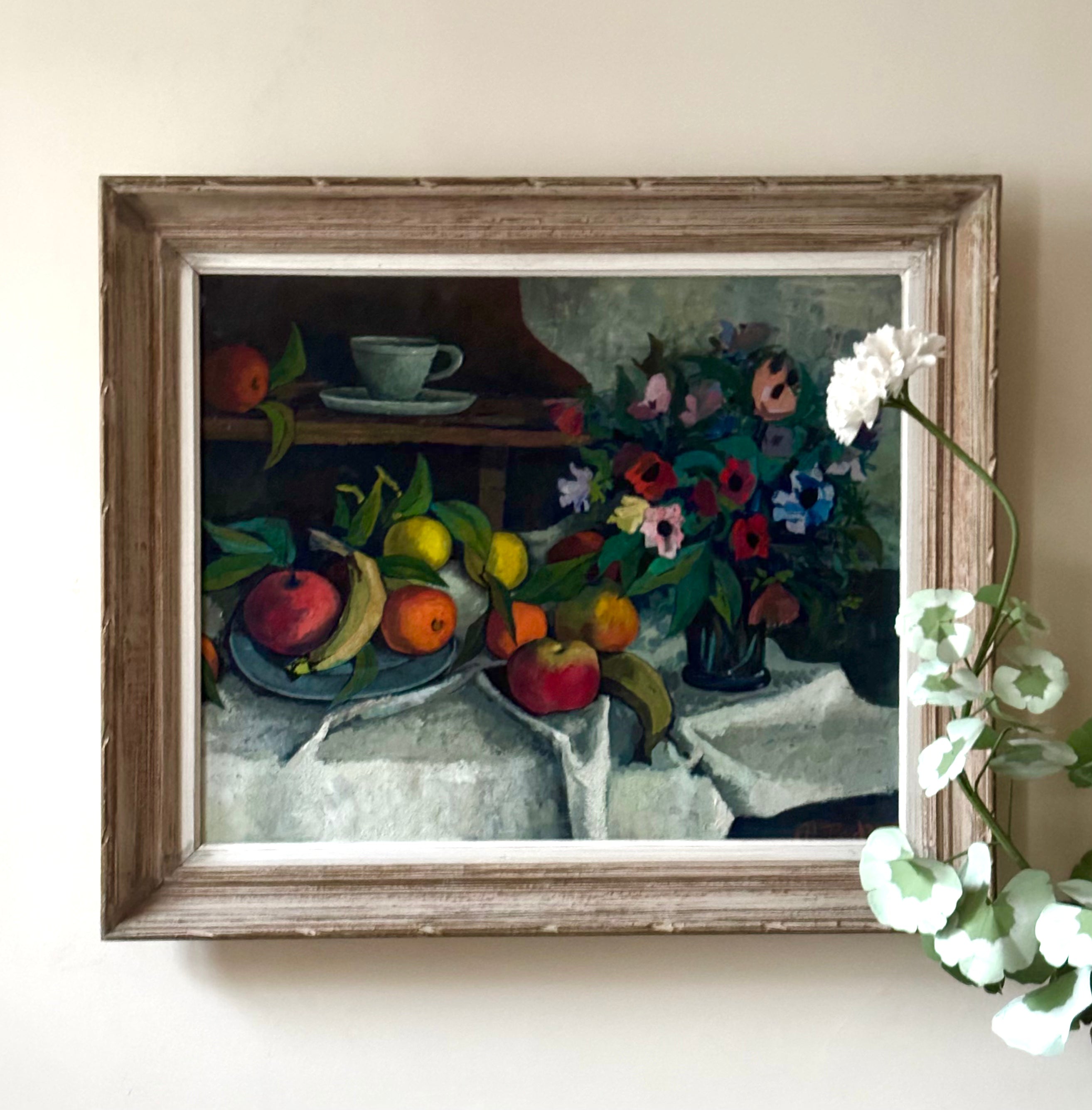 Flowers and Fruit on a White Tablecloth