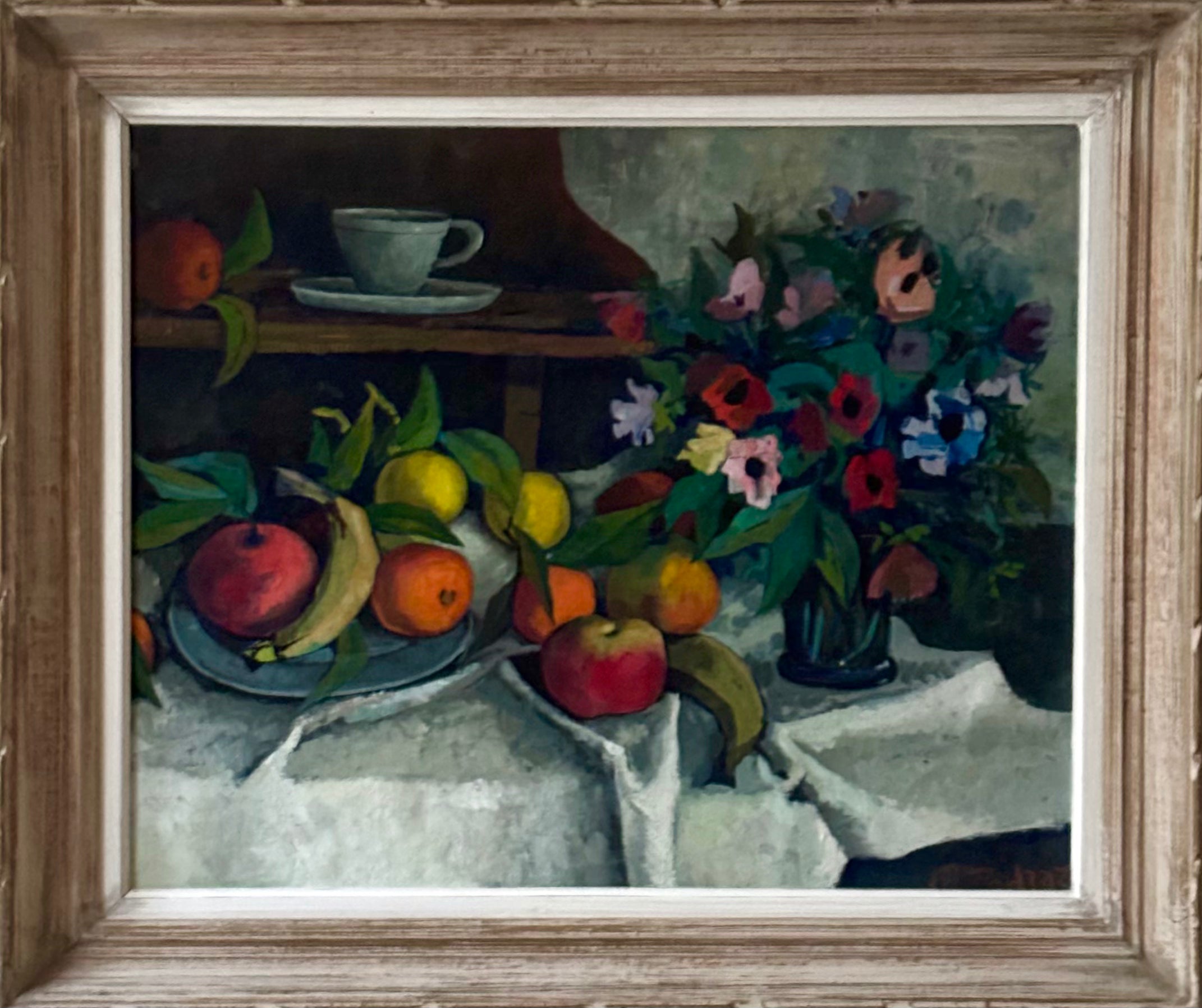 Flowers and Fruit on a White Tablecloth
