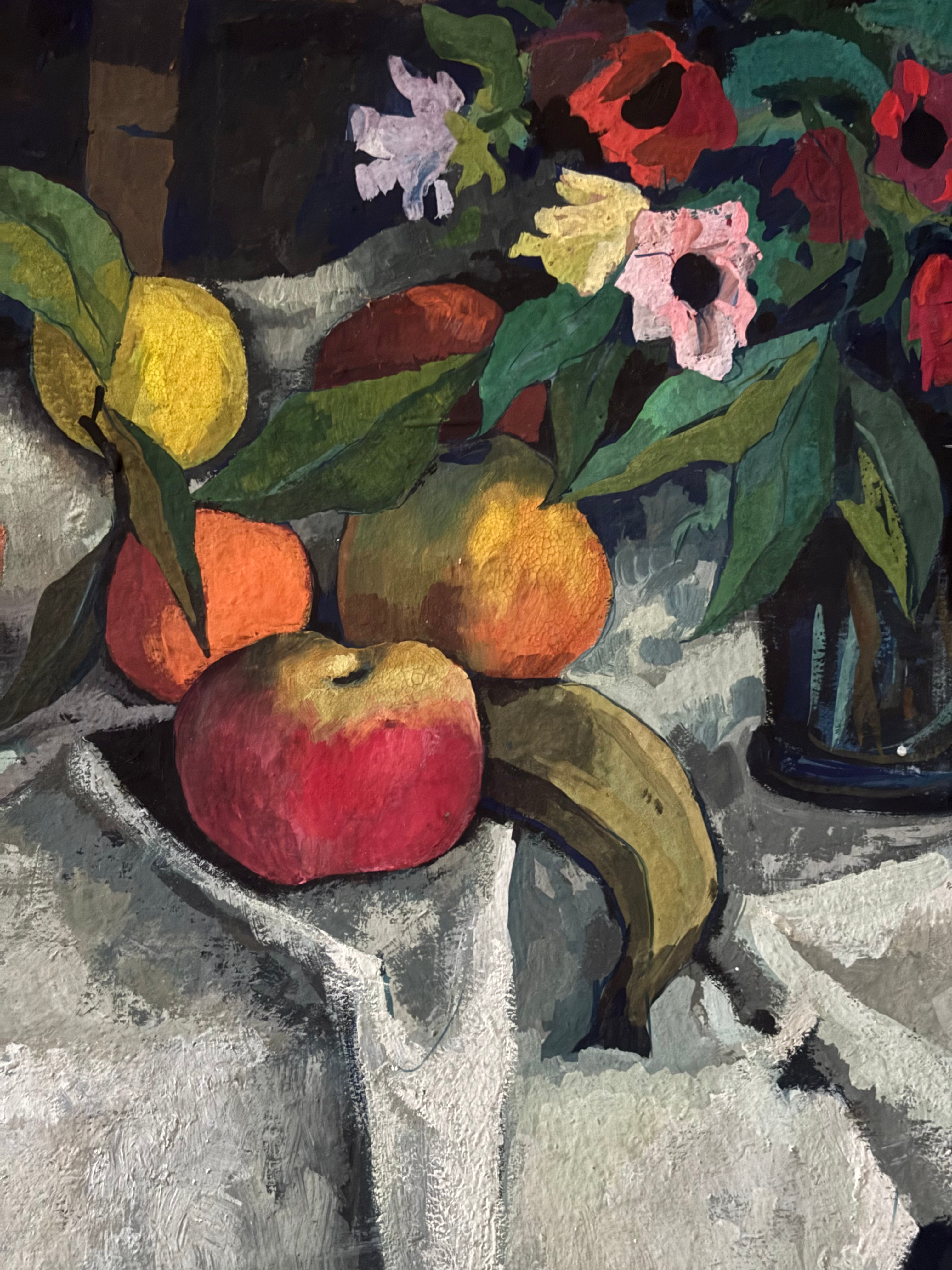 Flowers and Fruit on a White Tablecloth