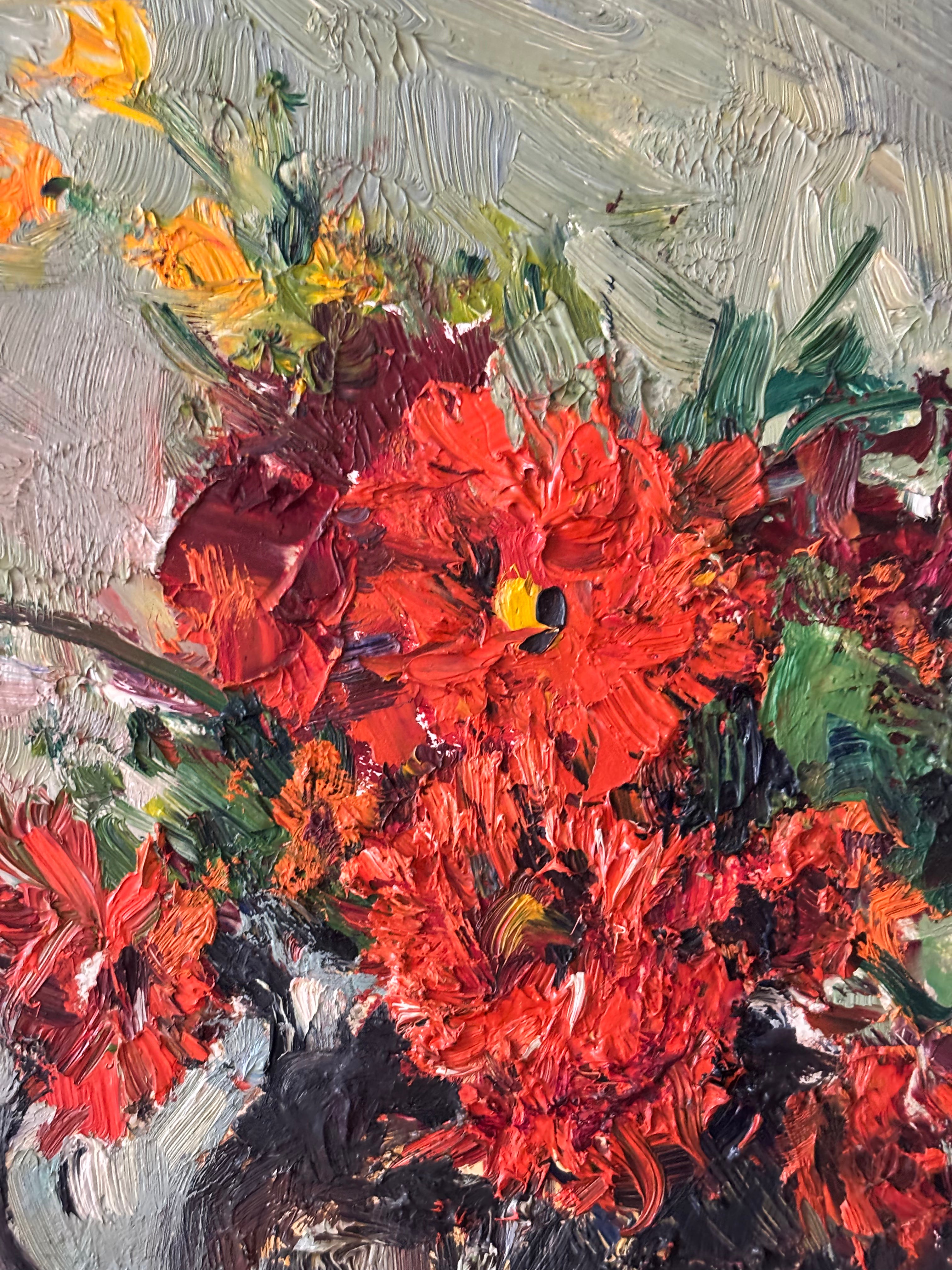 Red Flowers in Black Jug