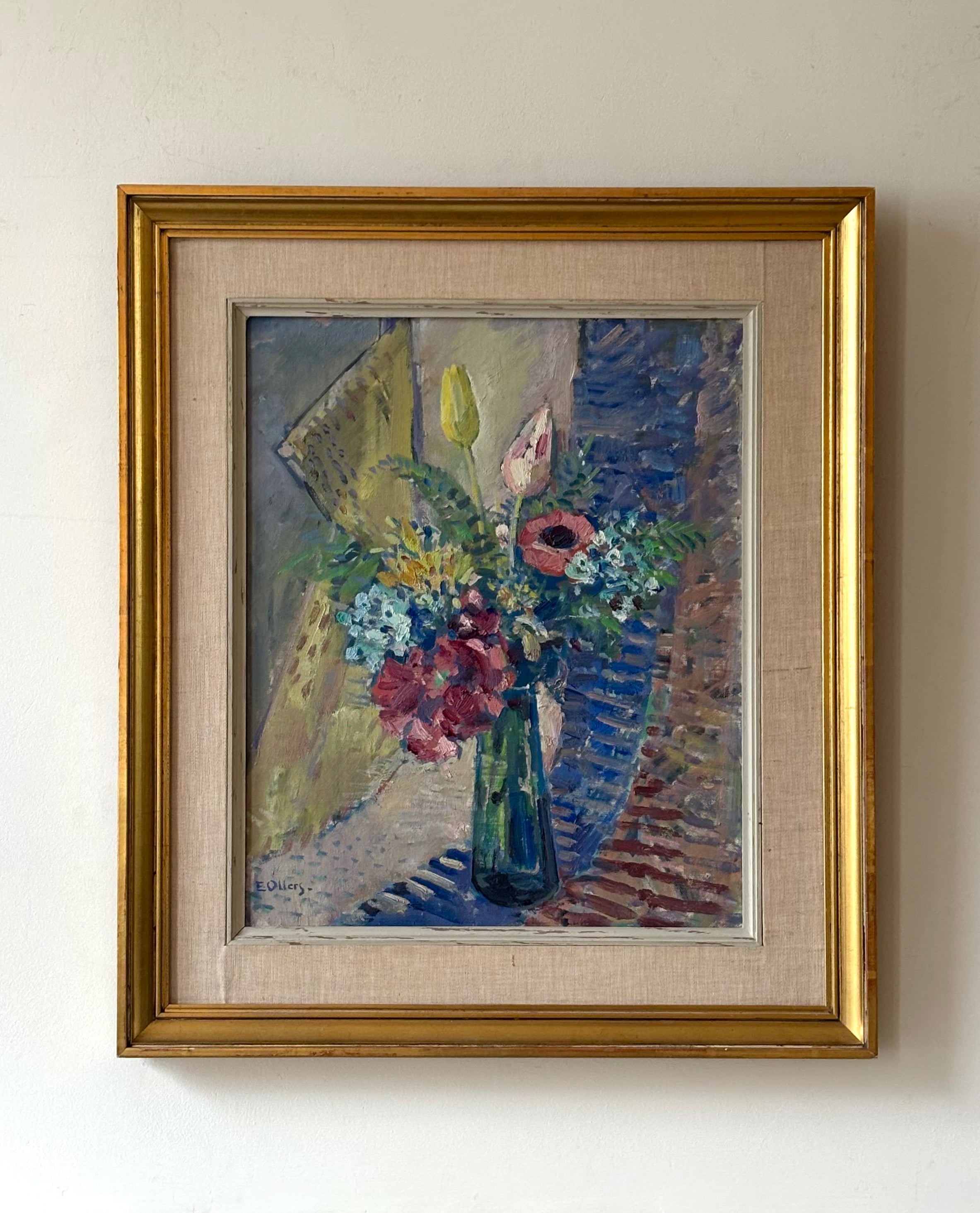 Flowers in a Green Glass Vase