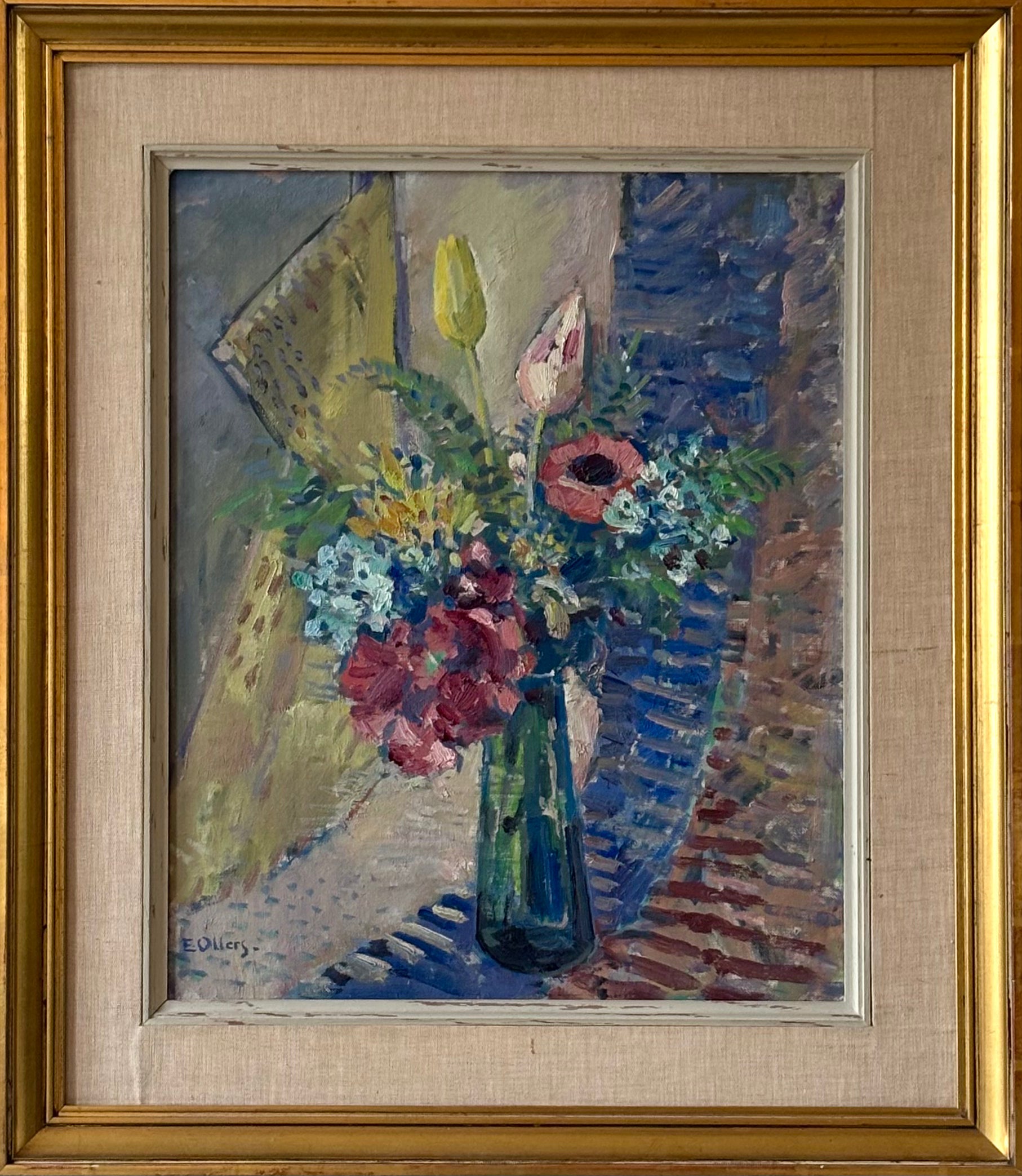 Flowers in a Green Glass Vase