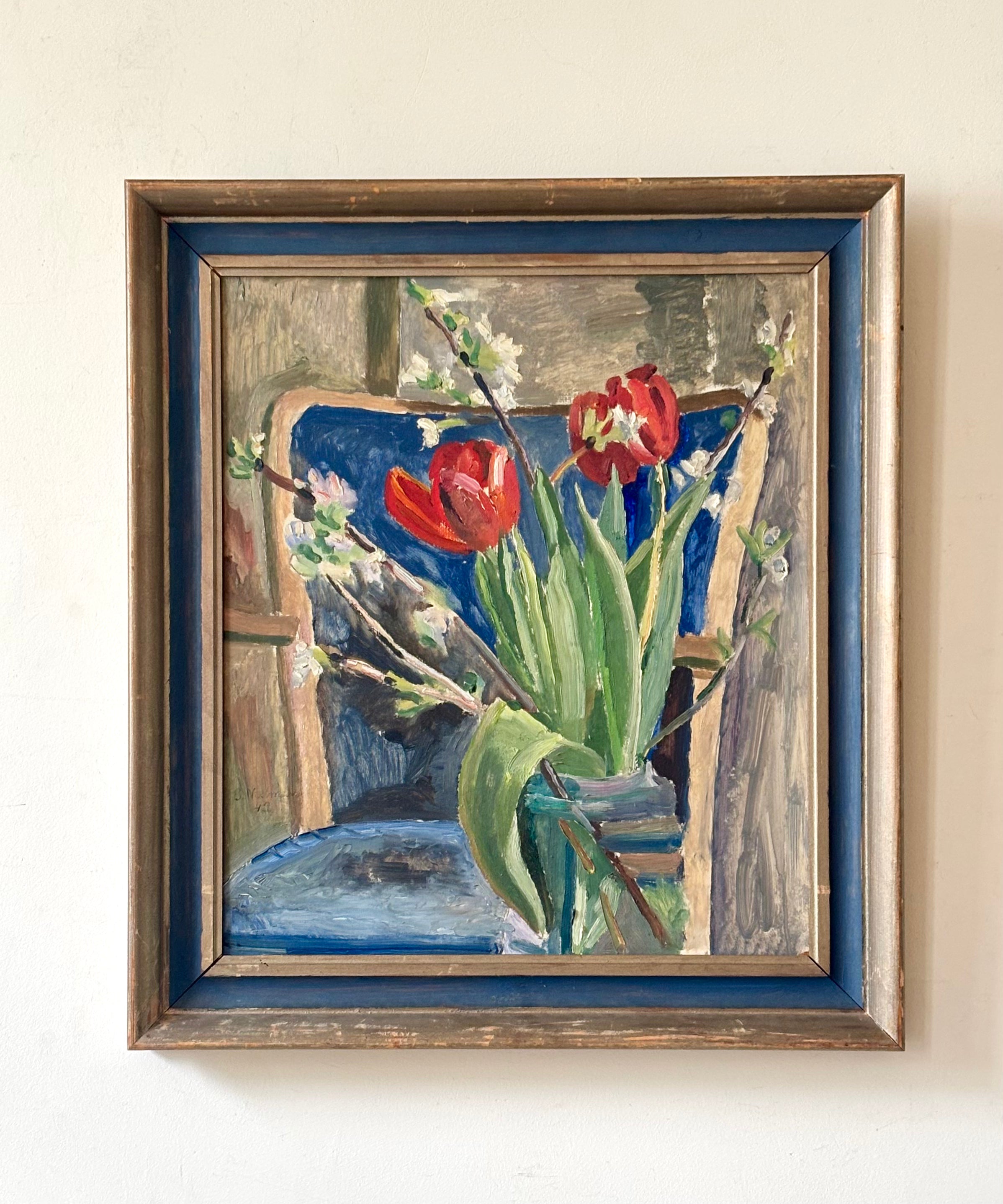 Red Tulips with a Blue Chair