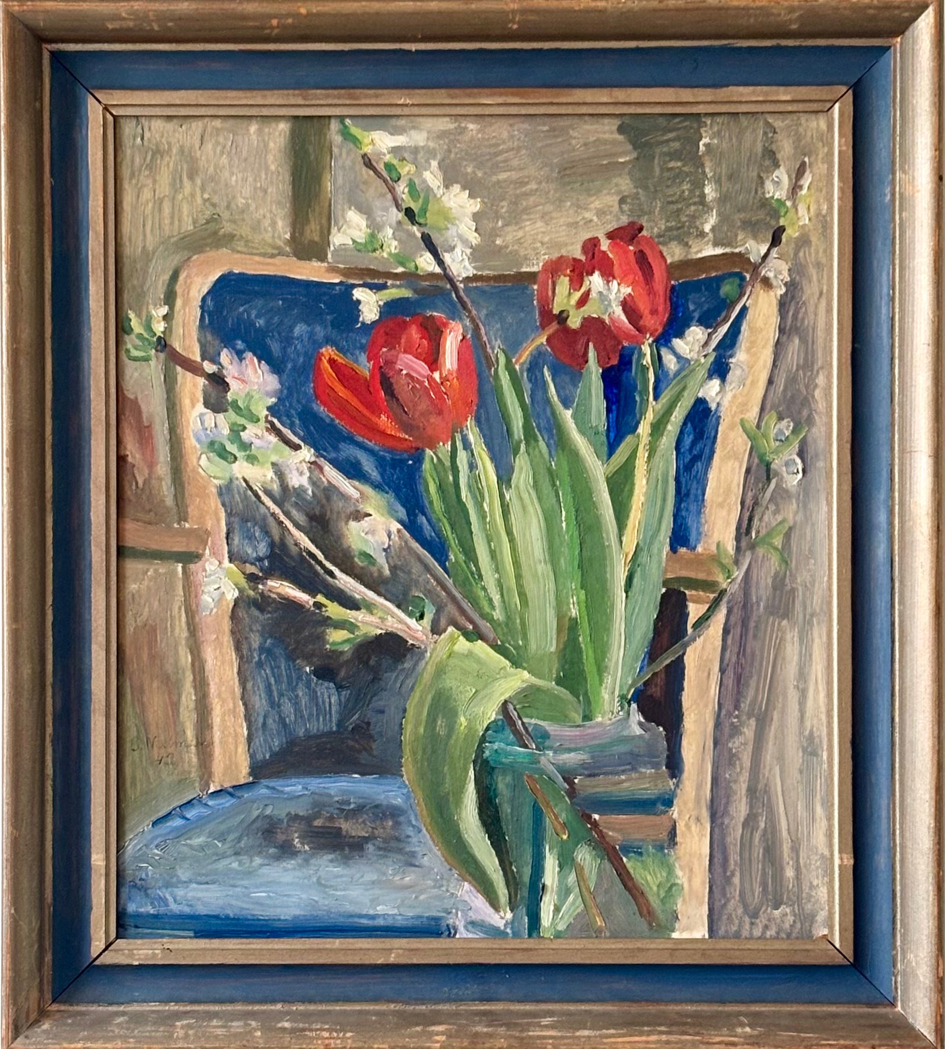 Red Tulips with a Blue Chair