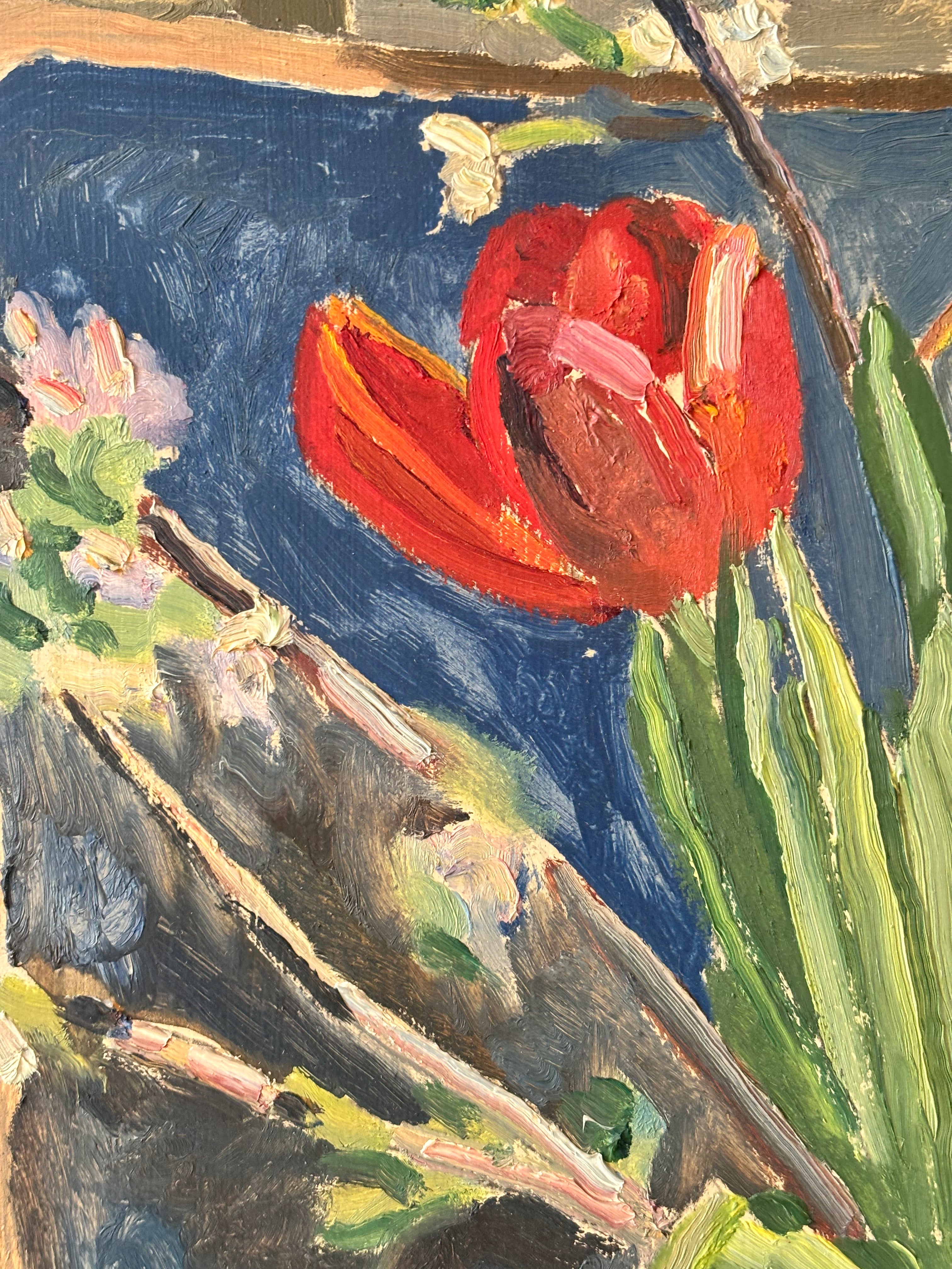 Red Tulips with a Blue Chair