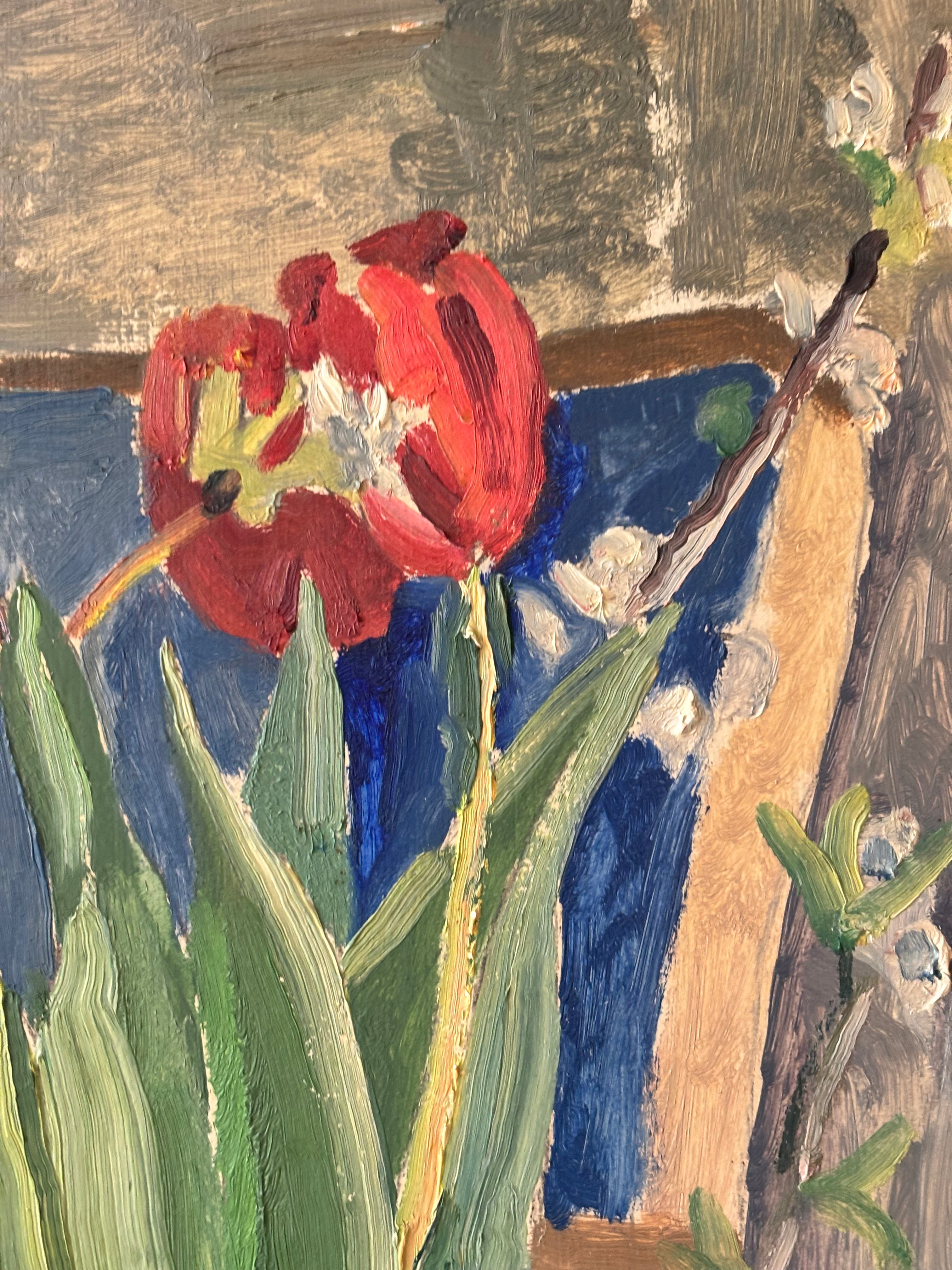 Red Tulips with a Blue Chair