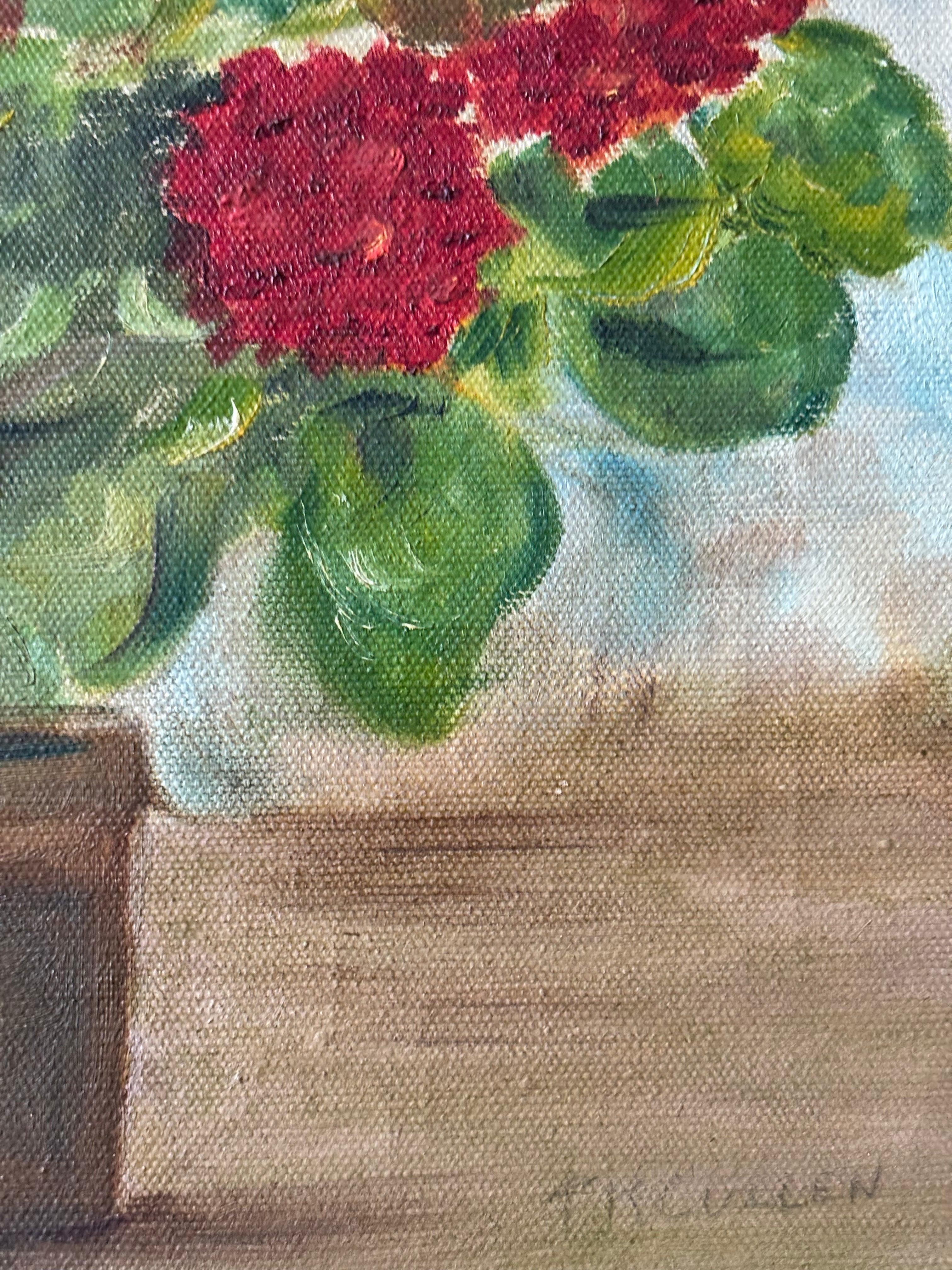 Red Geraniums in a Brown Vase