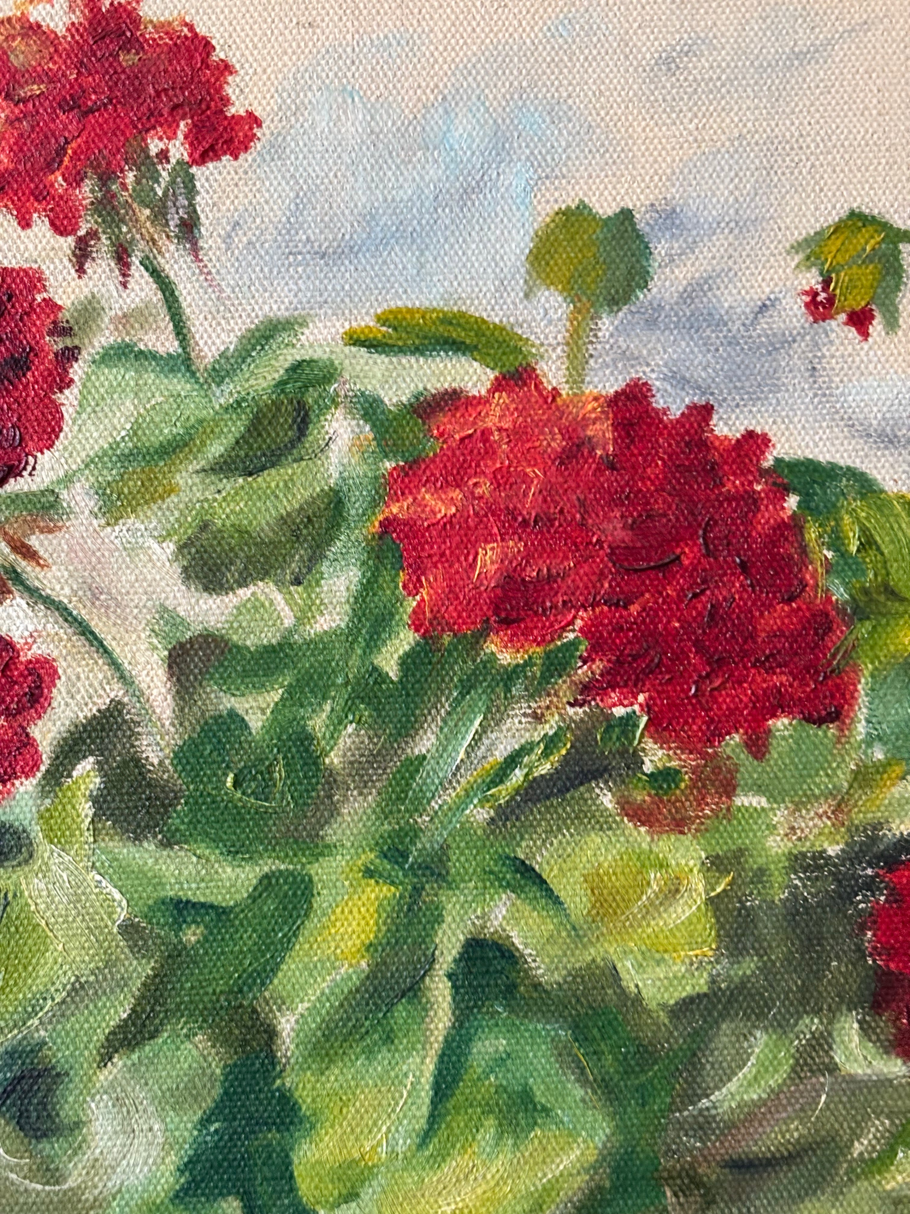 Red Geraniums in a Brown Vase