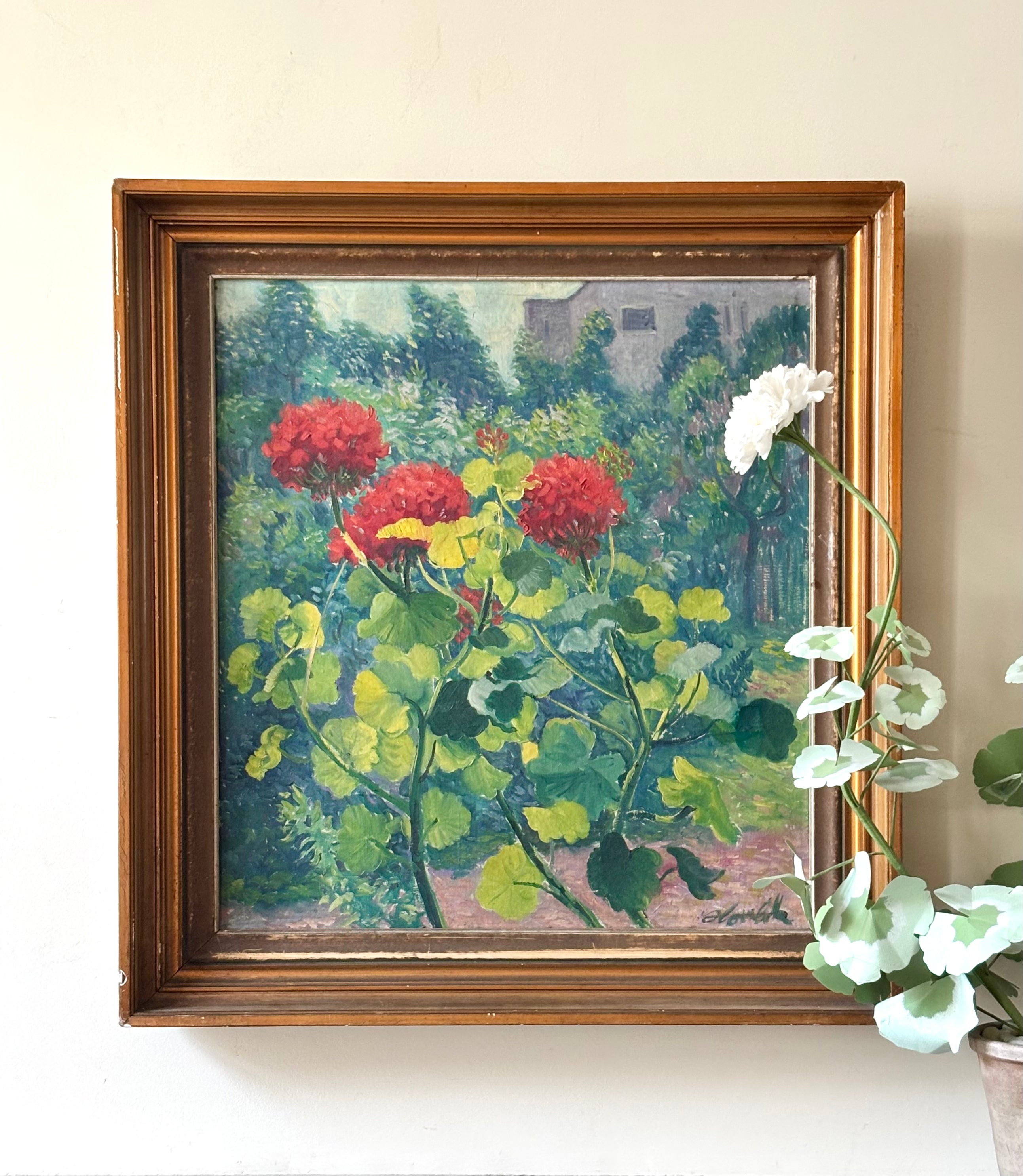 Red Geraniums in a Garden