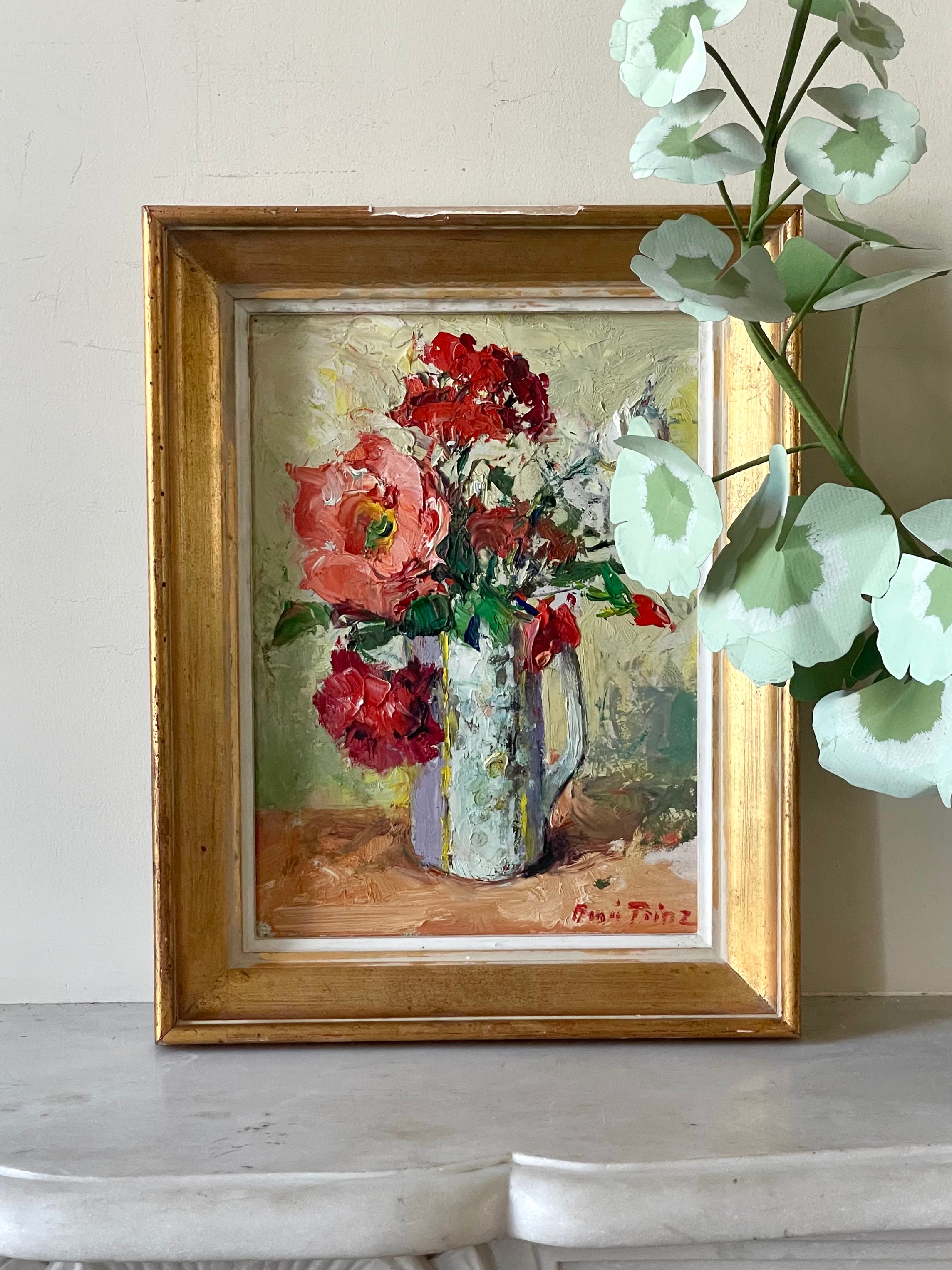 Red Flowers in a White Jug