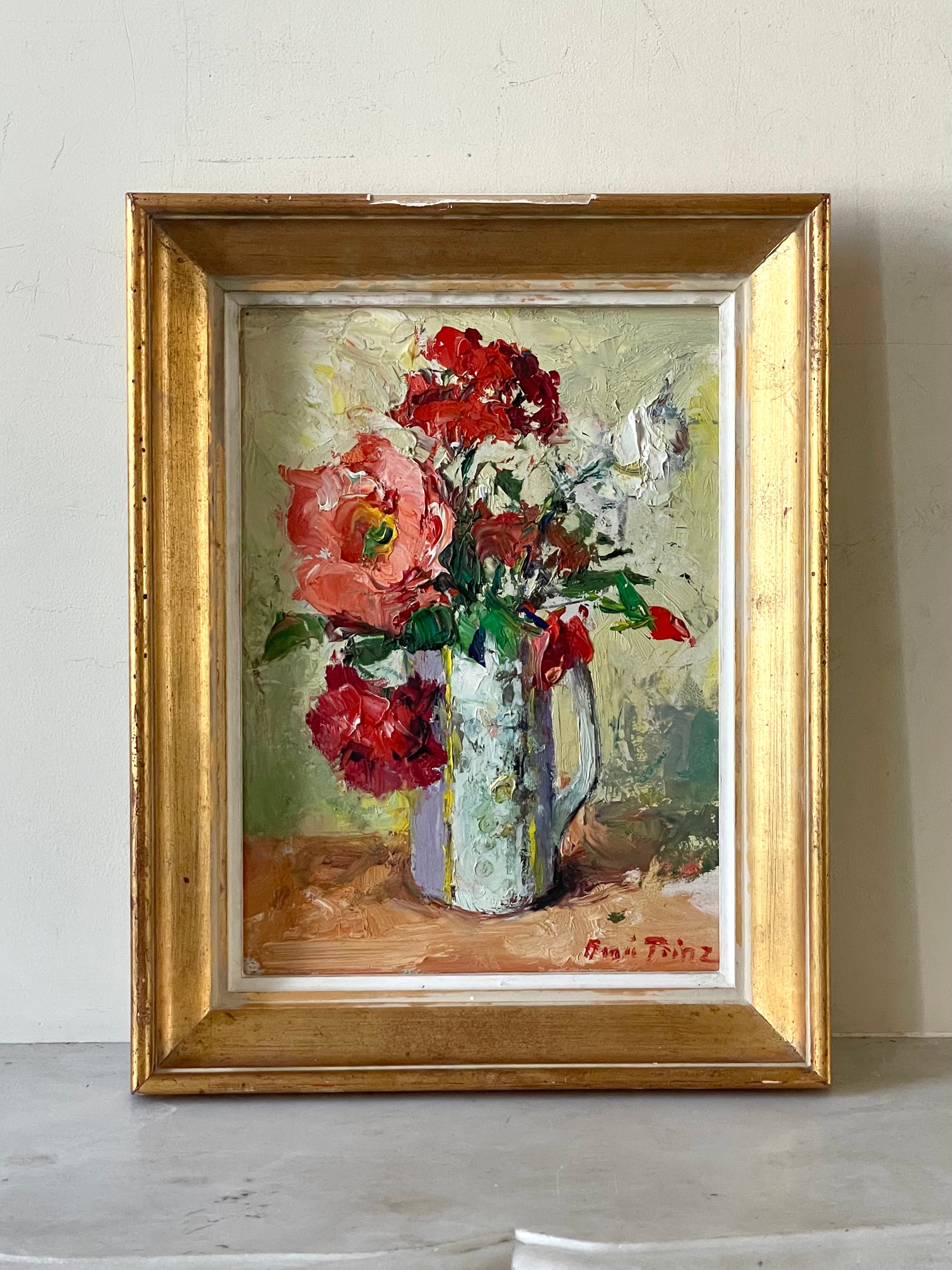Red Flowers in a White Jug