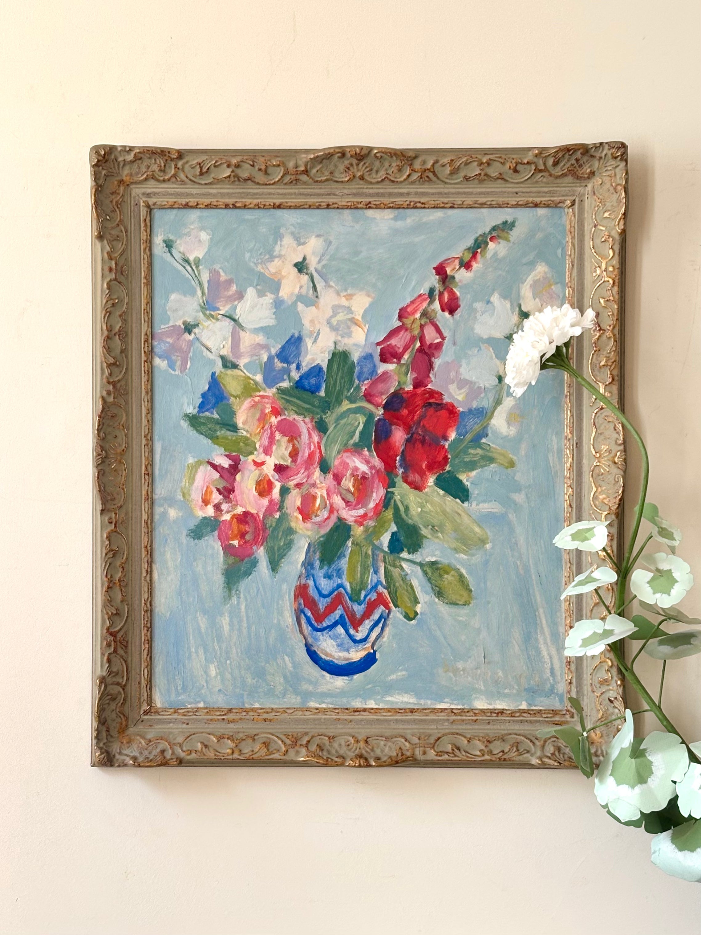 Foxgloves and Peonies on Blue