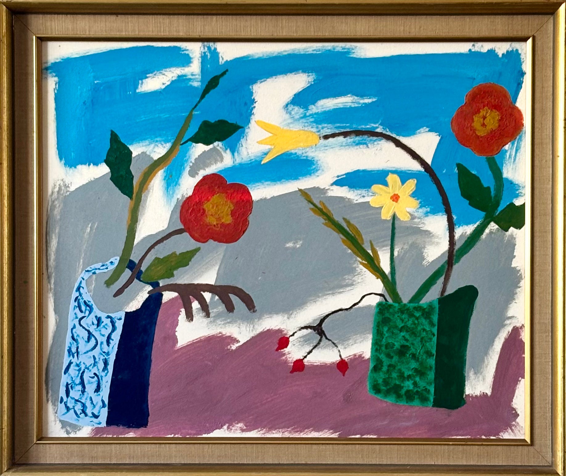 Spring Flowers in a Blue and Green Vase