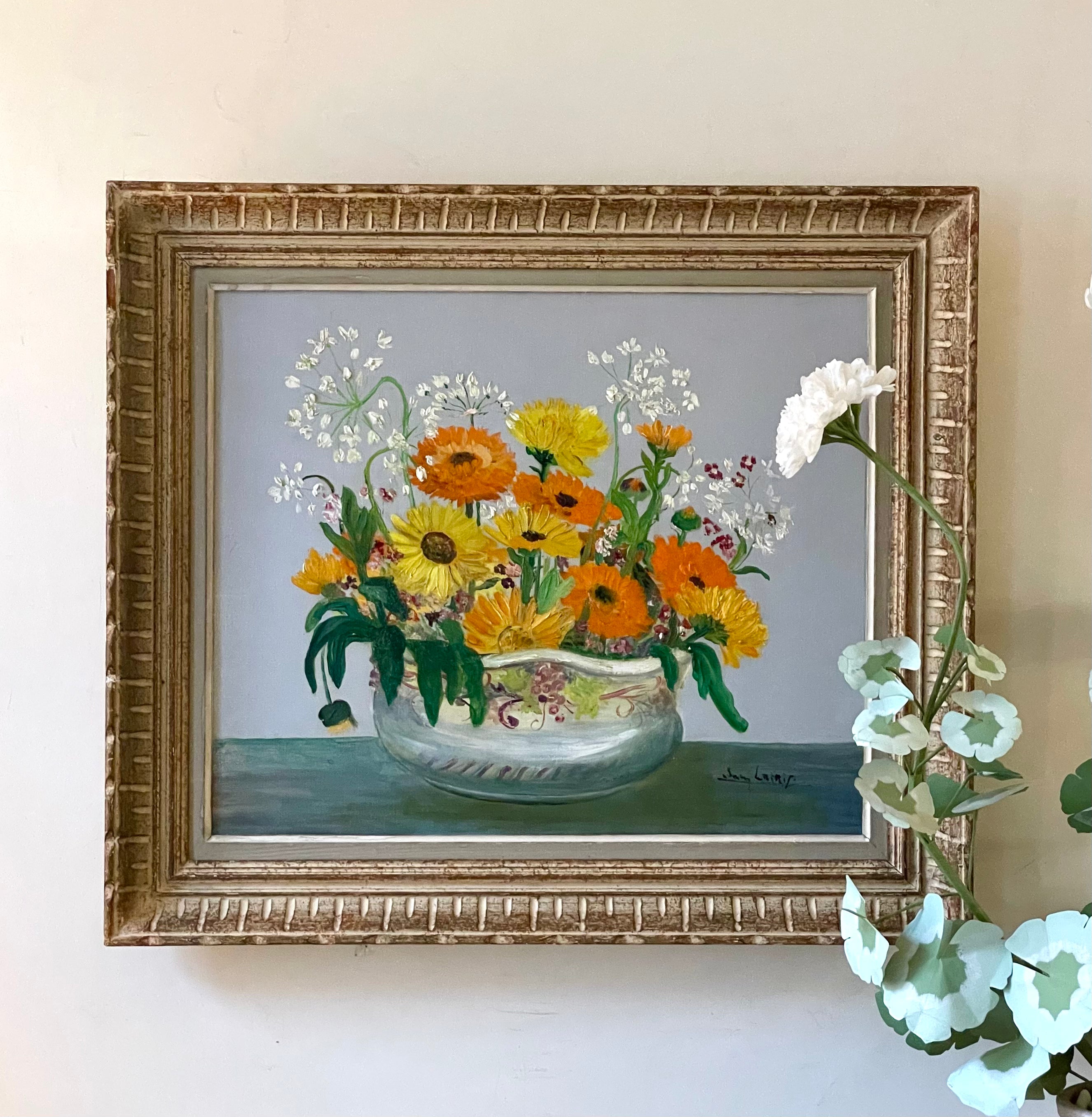 vintage affordable original oil painting of yellow and orange flowers in a ceramic vase