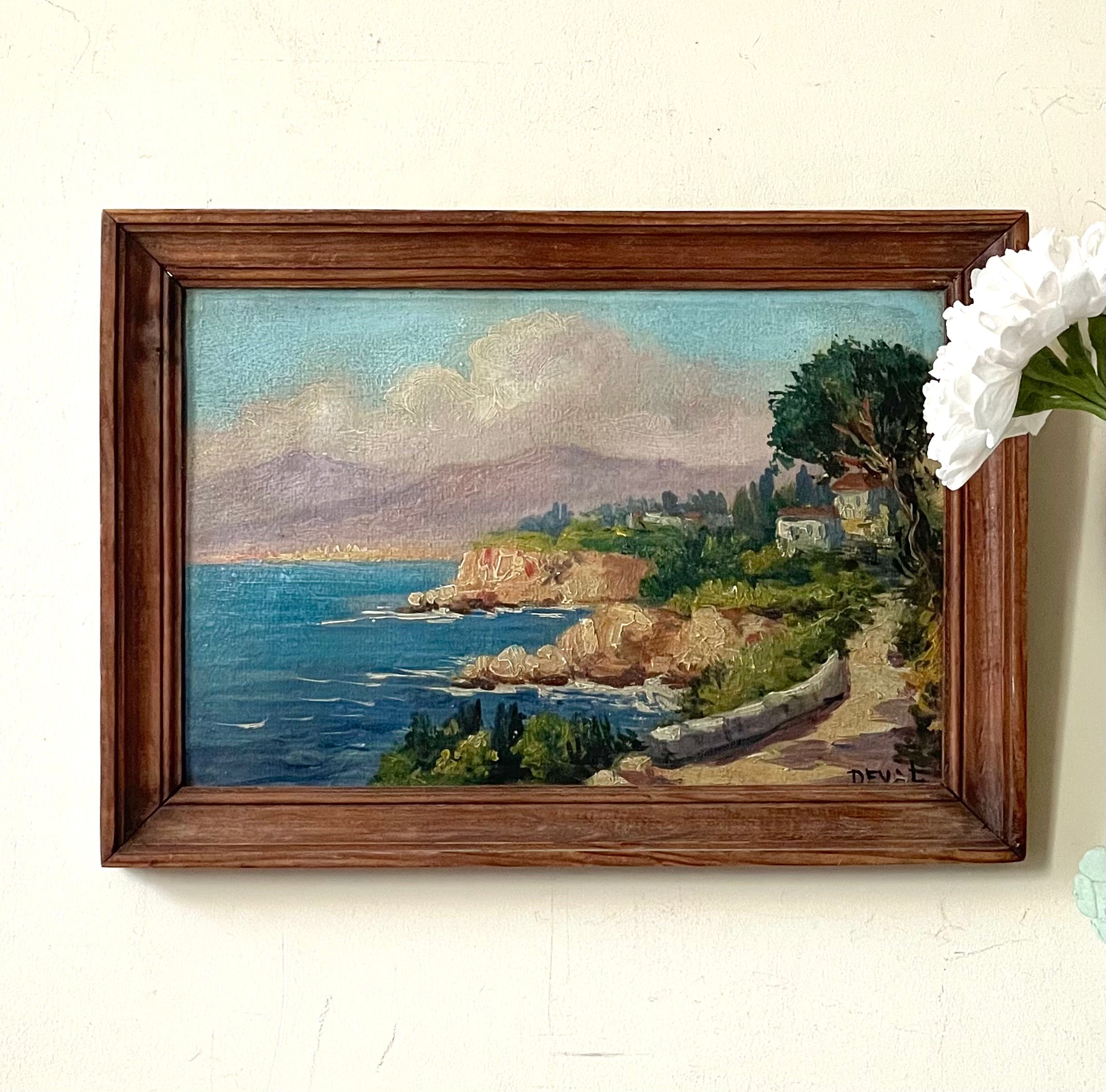 vintage affordable original oil painting of the mediterranean coast